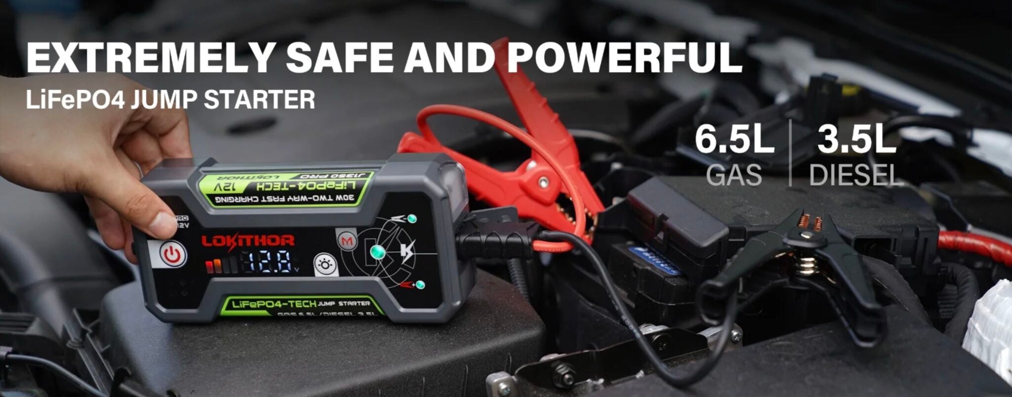 เครื่องจั๊มสตาร์ทรถยนต์ Lokithor J1350 รุ่นใหม่ พร้อมแบตเตอรี่ Lifepo4 ความจุ 2000mAh จั๊มสตาร์ทรถยนต์ดีเซลและเบนซิน