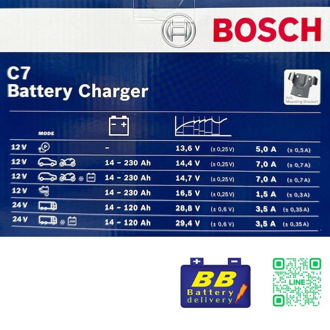 เครื่องชาร์จแบตเตอรี่ Bosch C7 ชาร์จ เรือ มอเตอร์ไซค์ รถยนต์ 12V/24V ชาร์จแบตเตอรี่ทุกชนิด MF SMF EFB GEL AGM ของแท้